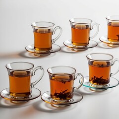 "A row of four traditional Turkish tea glasses filled with deep amber-colored tea, isolated on a white background. Each glass has a unique elegant design, some with curved shapes and some with handles