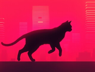 A domestic cat is agile. Silhouette of a cat walking against a vibrant pink background.