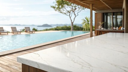 Fototapeta premium Luxurious outdoor with a white marble countertop perfect for product photography