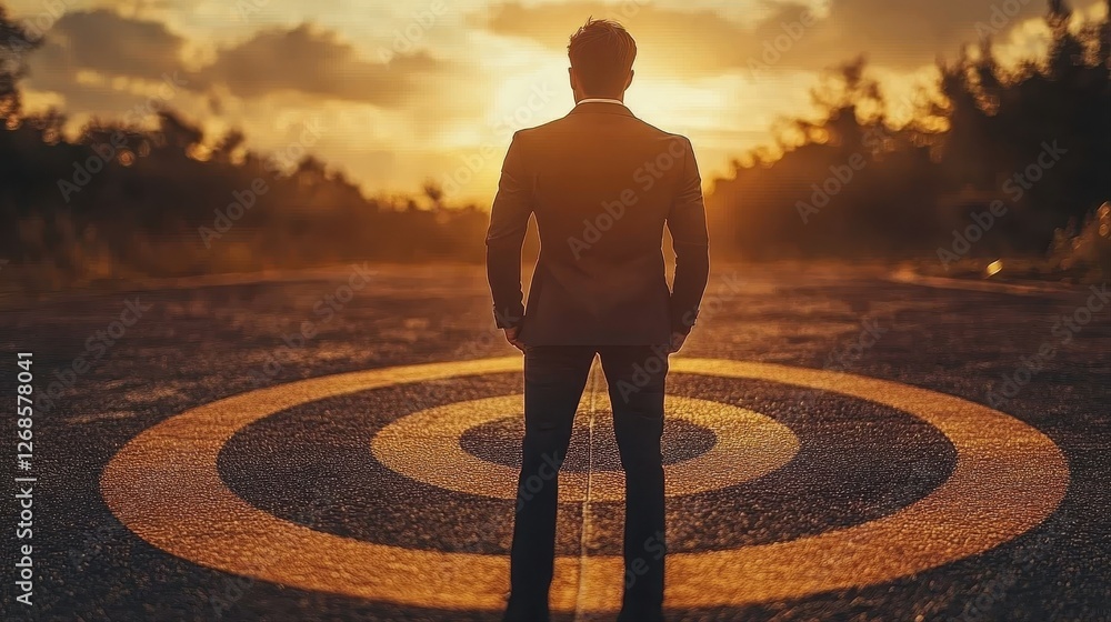 Poster man standing in front of target representing project management and leadership goals