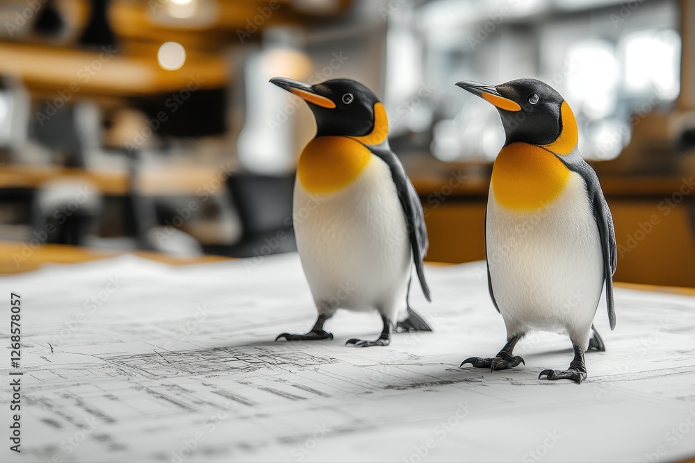Poster two penguins standing on paper representing project management and leadership concepts in a creative