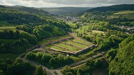 Fototapeta premium Aerial view of historical quarrying structures nestled in valley, surrounded by lush greenery