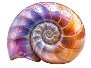 colorful nautilus shell with vibrant hues of purple, orange, and blue, showcasing its intricate spiral design and natural