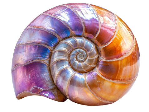 colorful nautilus shell with vibrant hues of purple, orange, and blue, showcasing its intricate spiral design and natural