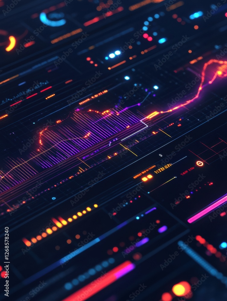 Poster Colorful abstract data visualization with glowing lines and charts at night in a digital environment. Generative AI