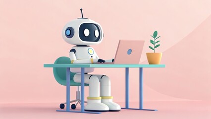 Cute robot working on a laptop in cozy office.
