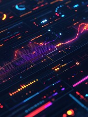 Colorful abstract data visualization with glowing lines and charts at night in a digital environment. Generative AI