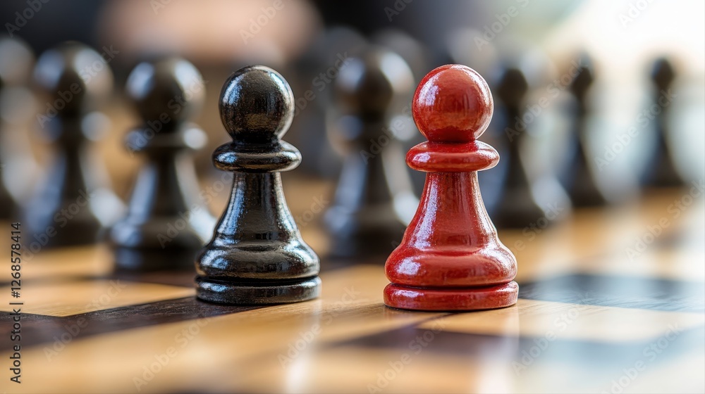 Poster close up of a chess board featuring a red pawn on a strategic game setup