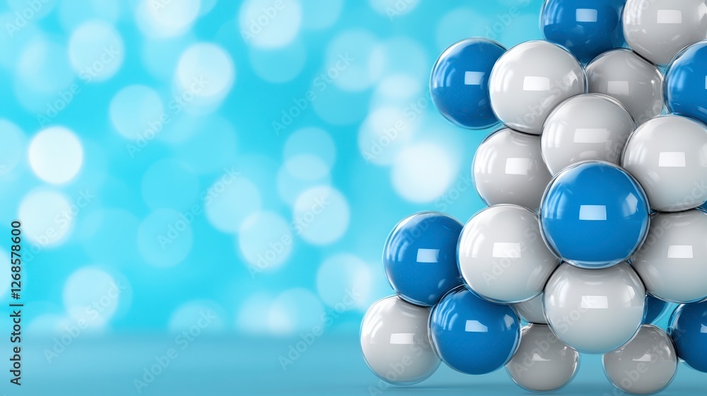Poster abstract 3d rendering of white and blue spheres arranged in a pyramid shape against a bokeh backgrou