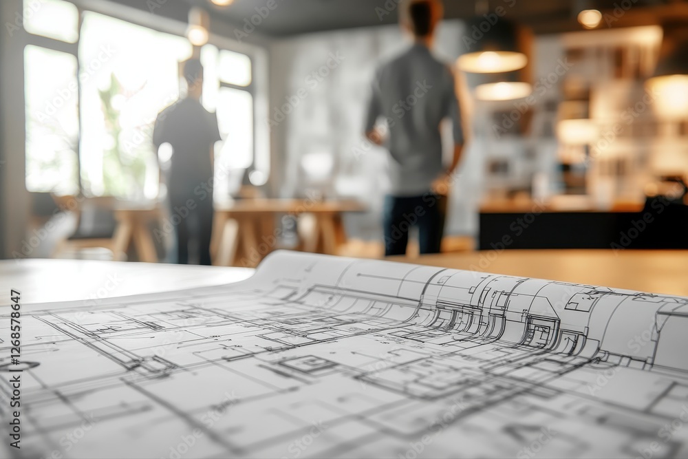 Poster man analyzing blueprint for project management and planning in modern office environment