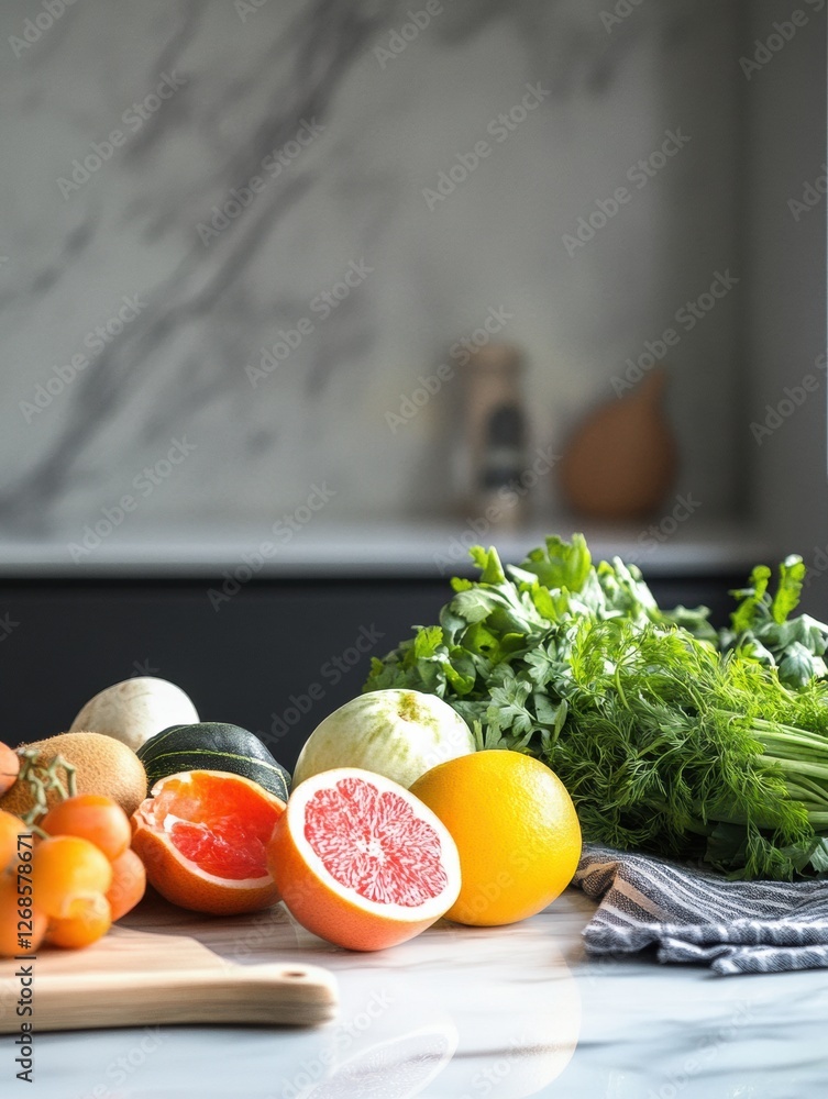 Poster Fresh vegetables and fruits arranged on a kitchen countertop for healthy meal preparation in a modern setting. Generative AI