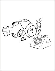 AI Generated Line Art Illustration of a Clownfish on the Phone  Whimsical Underwater Scene  Cute and Playful  Children's Book Style  Black and White  Coloring Page