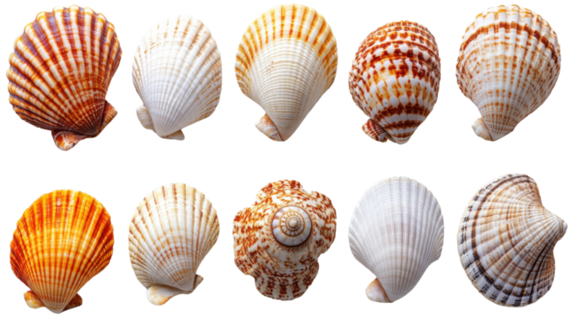 Beautiful collection of colorful seashells arranged in row, showcasing various patterns and textures