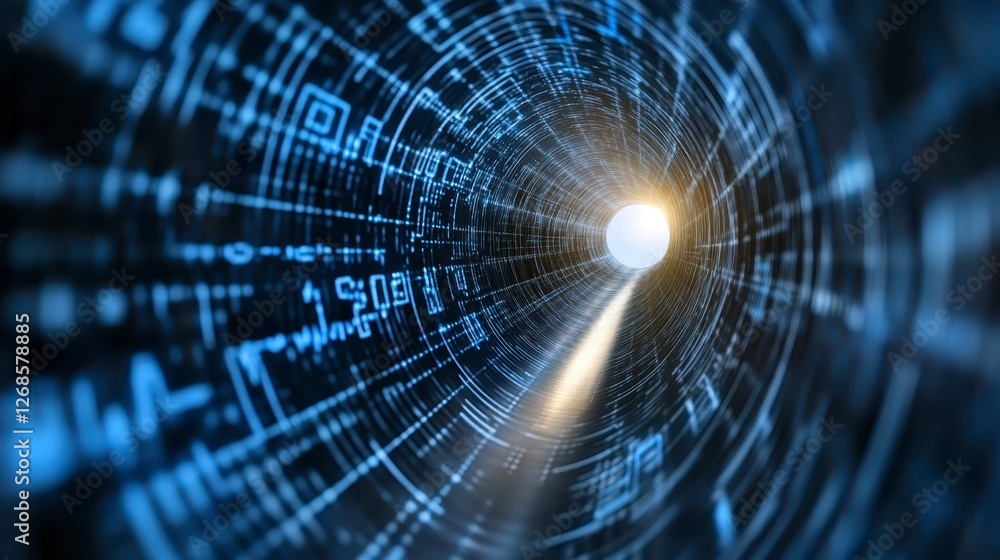 Aufkleber abstract digital tunnel with glowing light at the end, blue and white data streams and circuit patte