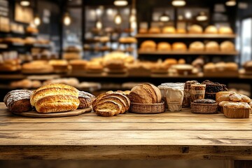 Empty wooden table with blurred background of bakery and bakery products on shelves, perfect for displaying or montage your products. Blurred bokeh in store. Bakery concept.