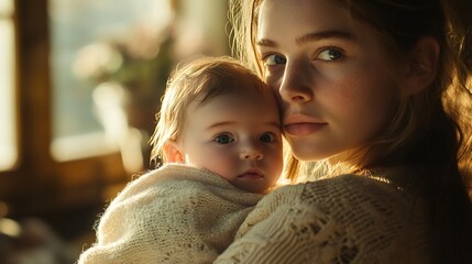 Obraz premium Young mother holding her baby daughter at sunset