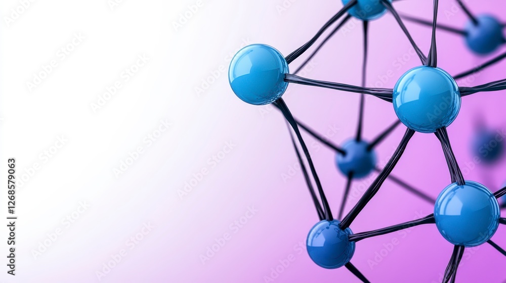 Poster abstract 3d rendering of a molecule structure with light blue spheres connected by dark lines agains
