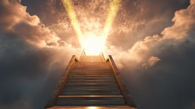 Stairway to Heaven: A majestic staircase ascends into a heavenly realm, bathed in the golden light of the sun. Clouds gather above, creating a dramatic and ethereal backdrop.