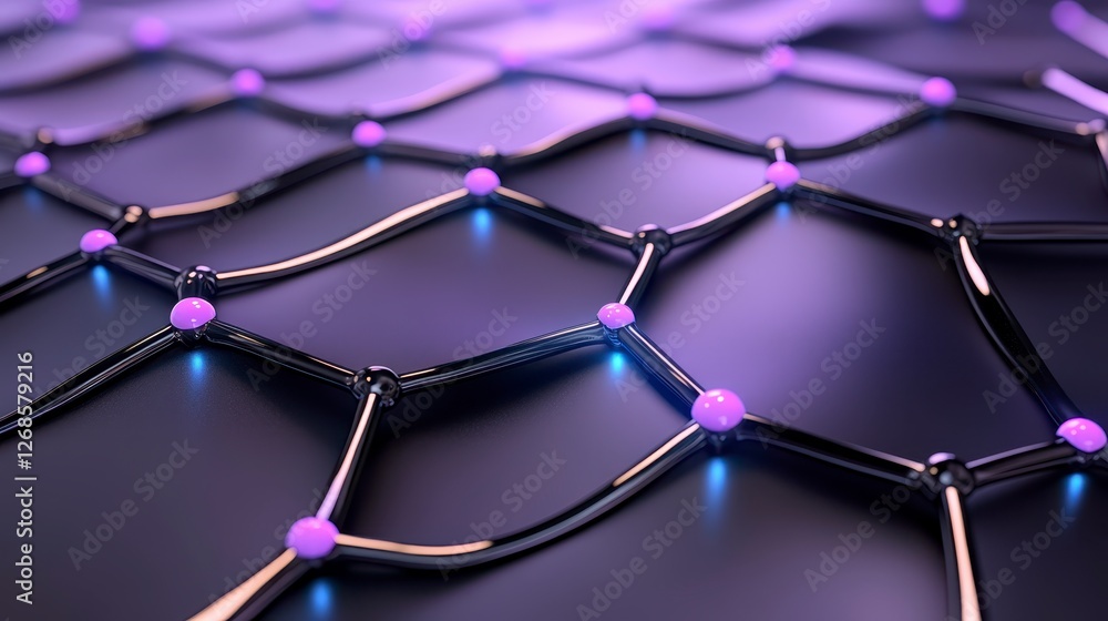 Poster abstract 3d rendering of a network structure with glowing purple nodes connected by dark metallic li