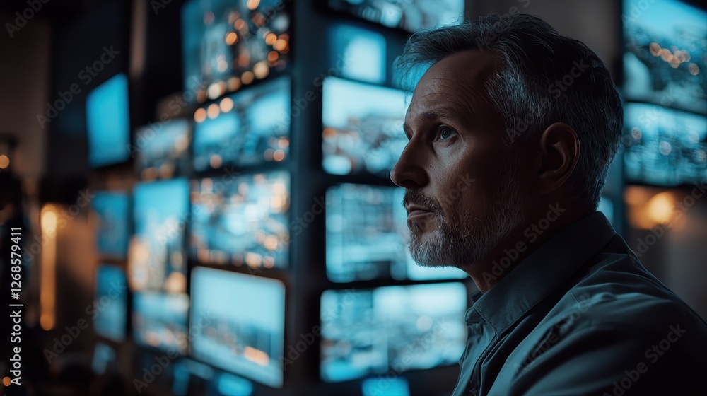Poster man observing wall of television screens with data and project management visuals displayed