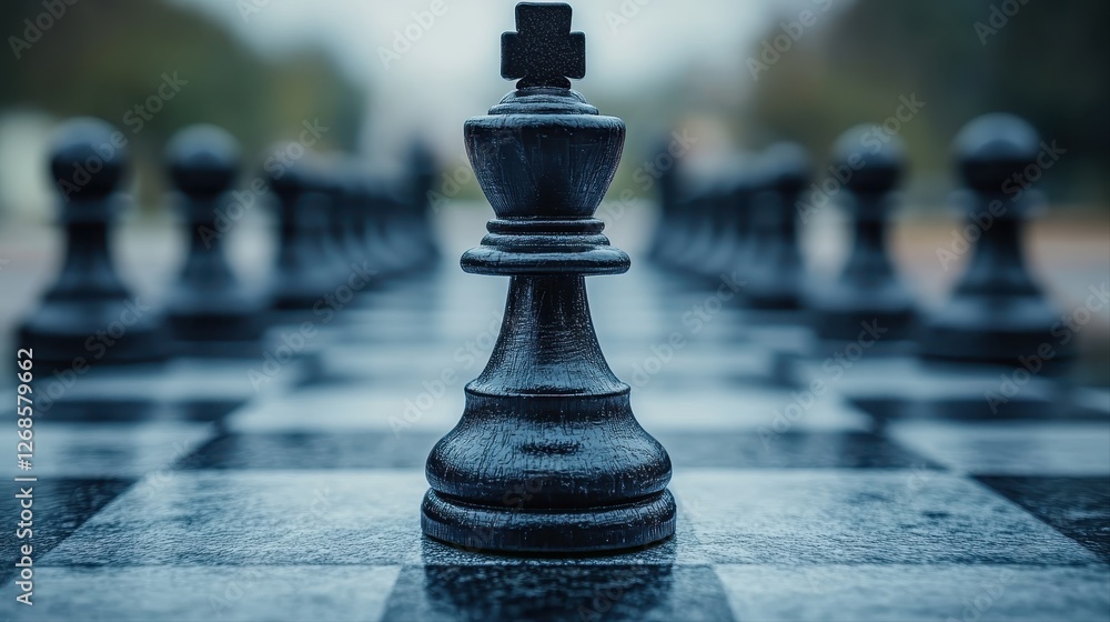 Poster chess board with a single black pawn positioned on a square indicating a strategic move in the game