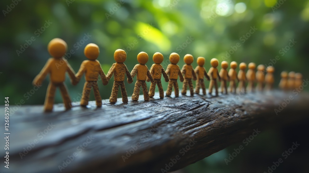 Aufkleber group of wooden figures standing on a log representing teamwork and project management concepts