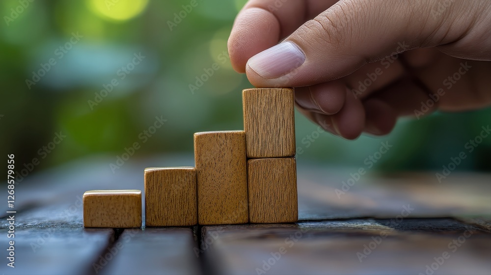 Aufkleber person placing wooden block into small building model demonstrating teamwork and project management 