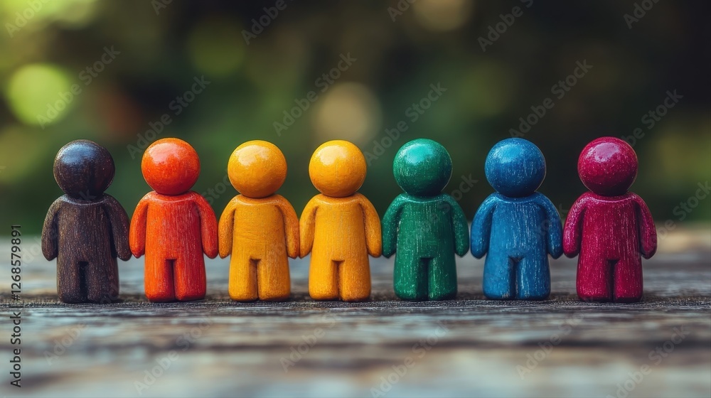 Aufkleber group of wooden figurines standing in a row representing teamwork and project management concepts