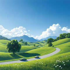 Two Cars on a Winding Road Through Lush Green Hills