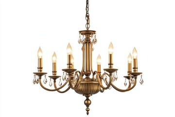 Antique bronze chandelier, eight lights, crystal accents, white background, interior design