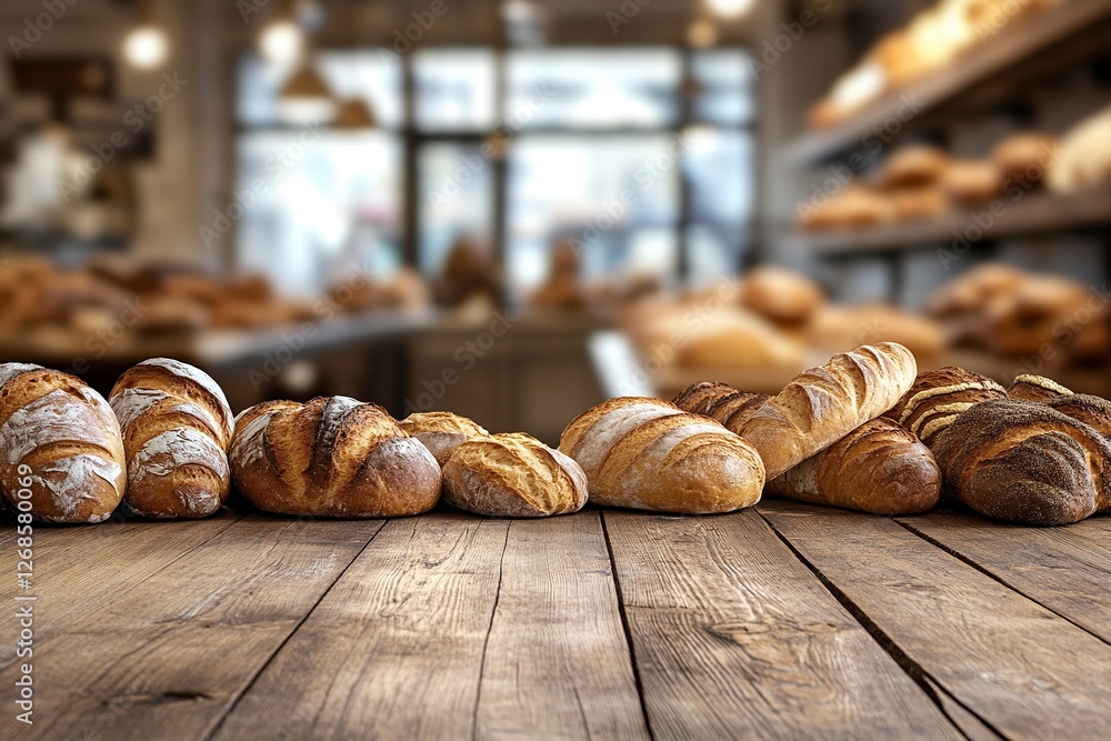 Wall mural Empty wooden table with blurred background of bakery and pastries on shelves in kitchen, product display template for design. Stock photo with 2/3 space for text.