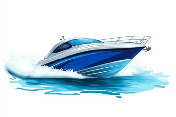 Blue speedboat sailing ocean waves, isolated background; travel brochure