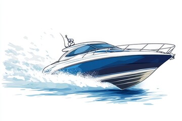 Speedboat cruising ocean waves, white background, brochure illustration