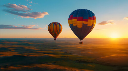 Obraz premium Two Colorful Hot Air Balloons Soaring Over a Desert Landscape at Sunrise