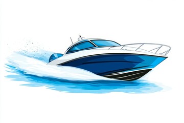 Fast motorboat speeding on ocean waves, white background