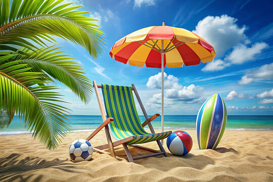 Beach chair, umbrella, surfboards, beach balls, and soccer ball on tropical sandy beach; summer vacation
