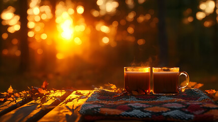 Two Cups of Hot Drink at Sunset in Autumn Forest