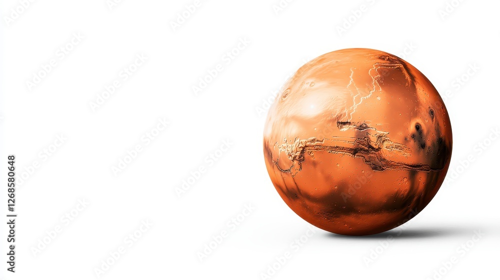 Poster abstract image of a bronze sphere resembling a planet against a white background. the sphere shows s