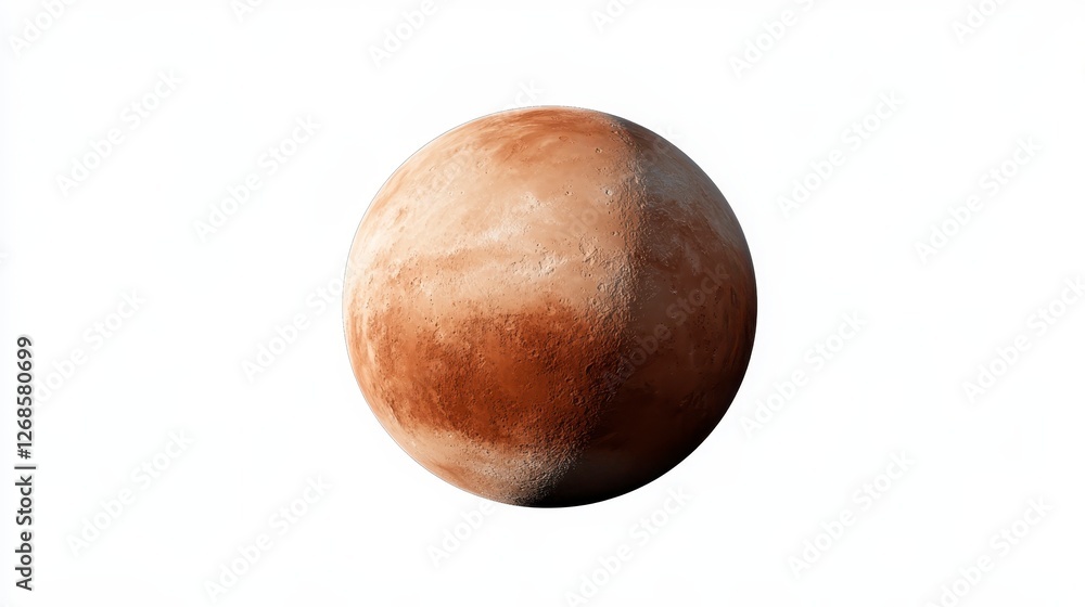 Poster detailed close up of a spherical celestial body, predominantly brown and tan in color, with a textur