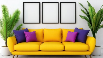Bright yellow sofa with purple and dark blue throw pillows sits in a minimalist living room with three blank picture frames and potted plants, a