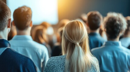 Blurred backs of group people attentively listening during a business conference or seminar. The event features professional speakers and engaged attendees. Copy space