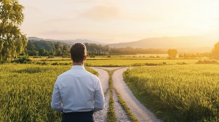 Man Facing a Crossroads in a Serene Rural Setting at Sunset