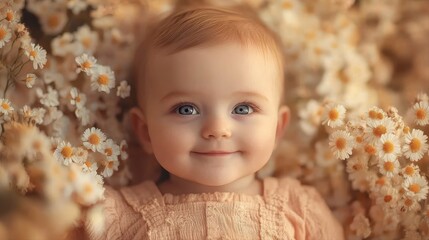 Fototapeta premium Baby girl playing in a field of daisies with a bright blue sky in the background