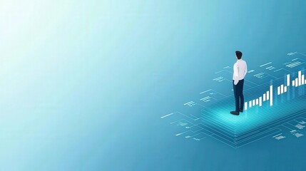 Obraz premium Businessman Standing on Futuristic Data Platform with Upward Trend Graph