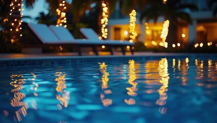 Obraz premium Nighttime Poolside Relaxation: Tropical Getaway