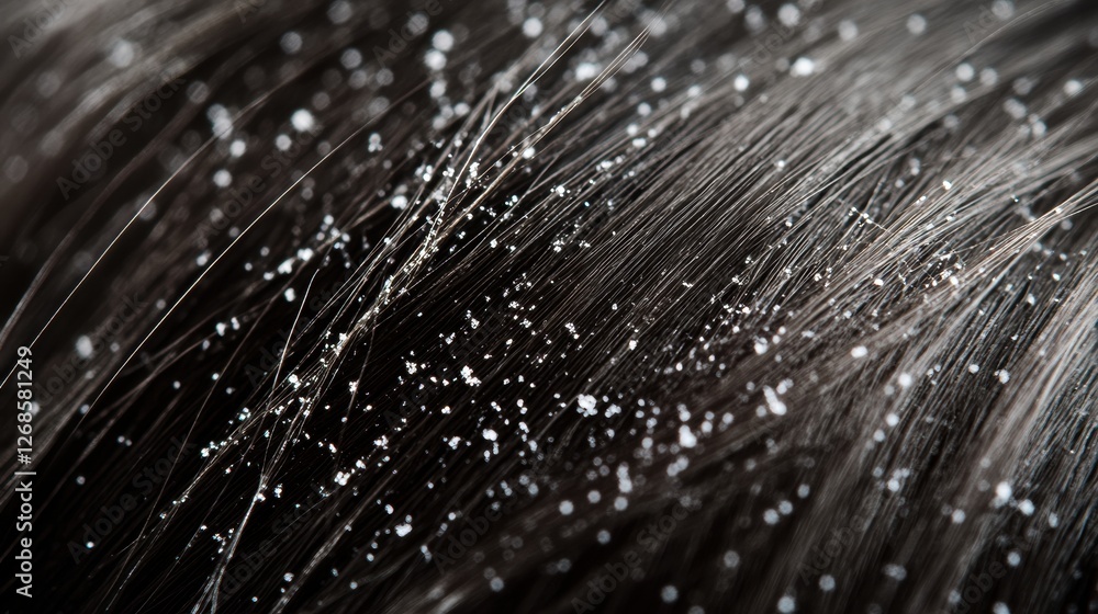 Aufkleber close up view of dandruff flakes highlighting scalp condition on dark hair strands. generative ai