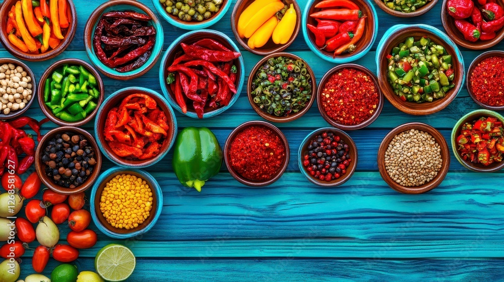Poster vibrant array of spices and peppers in small bowls on a rustic blue wooden surface. includes red chi