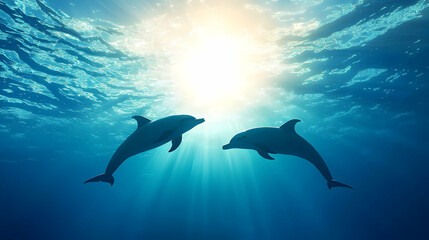 Two Dolphins Swimming Underwater in Sunlit Ocean
