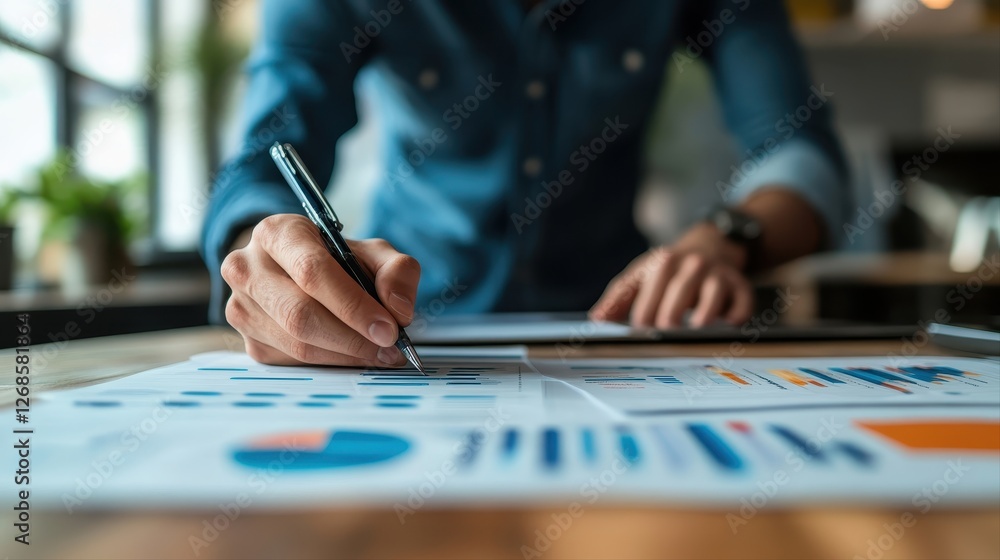 Poster person writing on paper with project management resources and tools for successful planning and orga