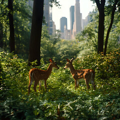 Two Fawn Deer in Lush Green City Park with Skyscrapers in Background